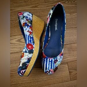 Desigual Navy Blue Multicolor Floral Wedge Sandals